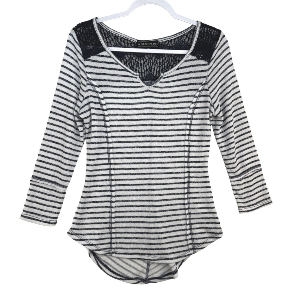 Almost Famous Womens Striped Knit Top Black White Lace Back 3/4 Sleeve Large